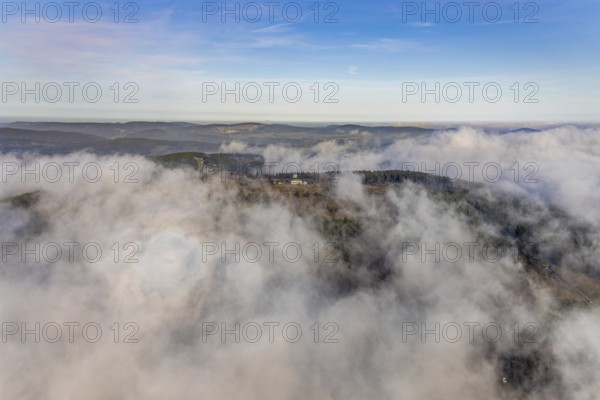 Aerial view, clouds over the Kahler Asten, Astenturm and hotel-restaurant, second highest mountain in North Rhine-Westphalia, Kahler Asten, 842 m high mountain with heathland as well as observation tower and restaurant on the summit, Winterberg, Sauerland, North Rhine-Westphalia, Germany