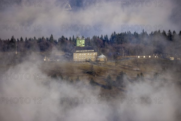 Aerial view, clouds over the Kahler Asten, Astenturm and hotel-restaurant, second highest mountain in North Rhine-Westphalia, Kahler Asten, 842 m high mountain with heathland as well as observation tower and restaurant on the summit, Winterberg, Sauerland, North Rhine-Westphalia, Germany
