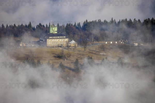 Aerial view, clouds over the Kahler Asten, Astenturm and hotel-restaurant, second highest mountain in North Rhine-Westphalia, Kahler Asten, 842 m high mountain with heathland as well as observation tower and restaurant on the summit, Winterberg, Sauerland, North Rhine-Westphalia, Germany