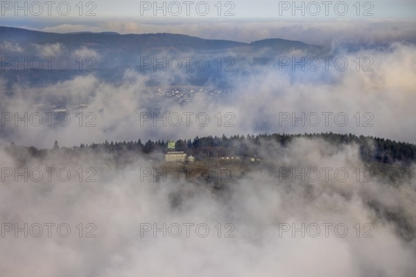 Aerial view, clouds over the Kahler Asten, Astenturm and hotel-restaurant, second highest mountain in North Rhine-Westphalia, Kahler Asten, 842 m high mountain with heathland as well as observation tower and restaurant on the summit, Winterberg, Sauerland, North Rhine-Westphalia, Germany