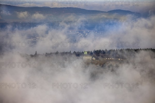 Aerial view, clouds over the Kahler Asten, Astenturm and hotel-restaurant, second highest mountain in North Rhine-Westphalia, Kahler Asten, 842 m high mountain with heathland as well as observation tower and restaurant on the summit, Winterberg, Sauerland, North Rhine-Westphalia, Germany