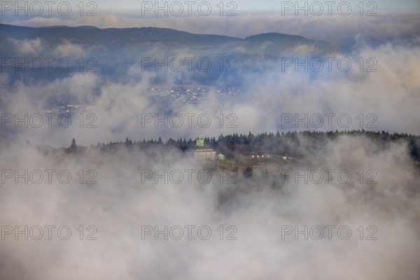 Aerial view, clouds over the Kahler Asten, Astenturm and hotel-restaurant, second highest mountain in North Rhine-Westphalia, Kahler Asten, 842 m high mountain with heathland as well as observation tower and restaurant on the summit, Winterberg, Sauerland, North Rhine-Westphalia, Germany