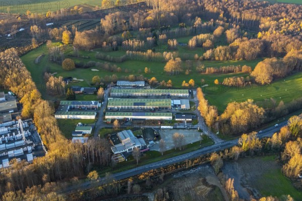Aerial photo, Westerhaar industrial estate, TÜV NORD inspection centre Wickede Werl, golf course Golfclub-Werl e.V., forest damage, clear-cutting and spruce felling, Werl, Sauerland, North Rhine-Westphalia, Germany