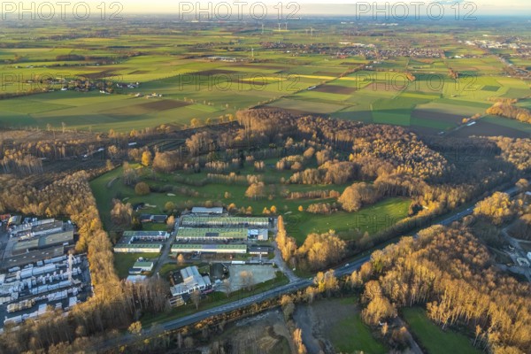 Aerial photo, Westerhaar industrial estate, TÜV NORD inspection centre Wickede Werl, golf course Golfclub-Werl e.V., forest damage, clear-cutting and spruce felling, Werl, Sauerland, North Rhine-Westphalia, Germany
