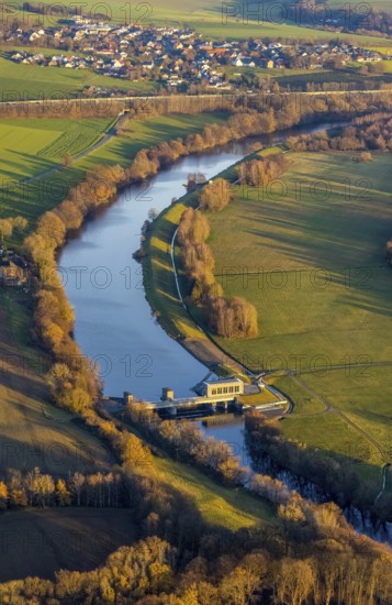 Aerial view, Ruhr river, Echthausen hydroelectric power station, Wickede, Sauerland, North Rhine-Westphalia, Germany
