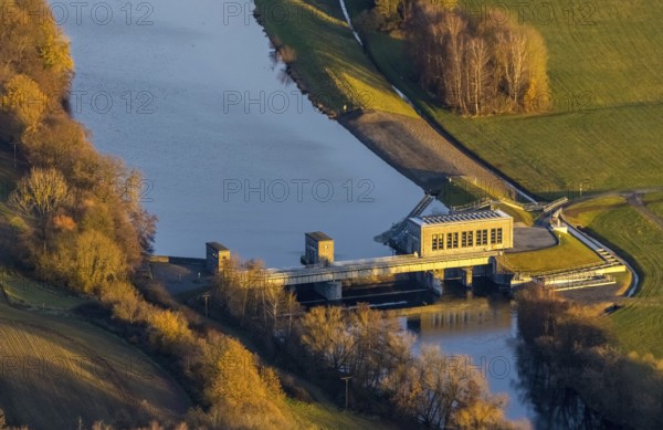 Aerial view, Ruhr river, Echthausen hydroelectric power station, Wickede, Sauerland, North Rhine-Westphalia, Germany