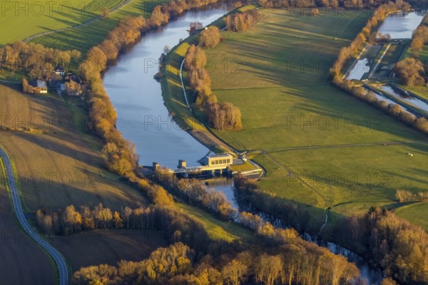Aerial view, Ruhr river, Echthausen hydroelectric power station, Wickede, Sauerland, North Rhine-Westphalia, Germany