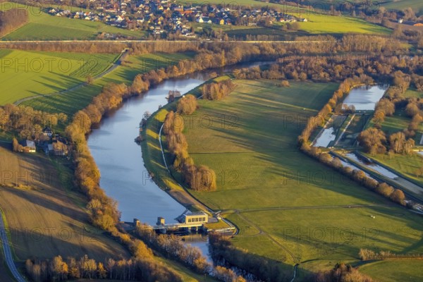 Aerial view, Ruhr river, Echthausen hydroelectric power station, Wickede, Sauerland, North Rhine-Westphalia, Germany