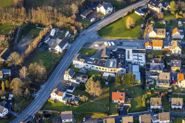 Aerial view, Hauptstraße corner Hatzfeldstraße, Martin Pingel Transporte business, Wickede, Sauerland, North Rhine-Westphalia, Germany
