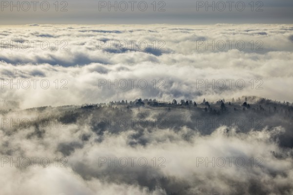 Aerial view, clouds over the Kahler Asten, Astenturm and hotel-restaurant, second highest mountain in North Rhine-Westphalia, Kahler Asten, 842 m high mountain with heathland as well as observation tower and restaurant on the summit, Winterberg, Sauerland, North Rhine-Westphalia, Germany