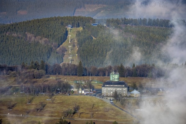 Aerial view, clouds over the Kahler Asten, Astenturm and hotel-restaurant, second highest mountain in North Rhine-Westphalia, Kahler Asten, 842 m high mountain with heathland as well as observation tower and restaurant on the summit, Winterberg, Sauerland, North Rhine-Westphalia, Germany