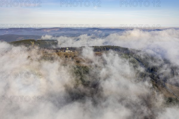Aerial view, clouds over the Kahler Asten, Astenturm and hotel-restaurant, second highest mountain in North Rhine-Westphalia, Kahler Asten, 842 m high mountain with heathland as well as observation tower and restaurant on the summit, Winterberg, Sauerland, North Rhine-Westphalia, Germany