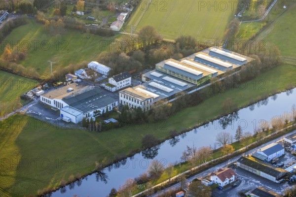 Aerial view, industrial estate Am Graben, river Ruhr, Bongard Machines GmbH, Voß & Eiffert GmbH, Wimbern, Wickede, Sauerland, North Rhine-Westphalia, Germany