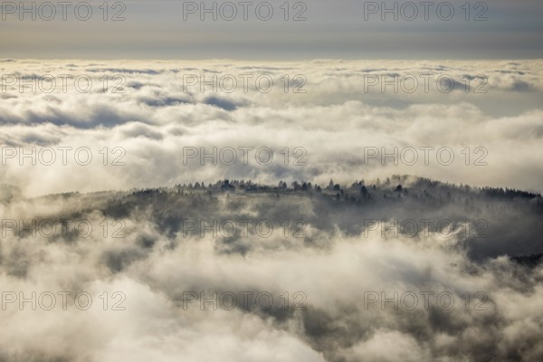 Aerial view, clouds over the Kahler Asten, Astenturm and hotel-restaurant, second highest mountain in North Rhine-Westphalia, Kahler Asten, 842 m high mountain with heathland as well as observation tower and restaurant on the summit, Winterberg, Sauerland, North Rhine-Westphalia, Germany