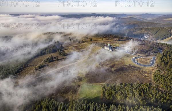 Aerial view, clouds over the Kahler Asten, Astenturm and hotel-restaurant, second highest mountain in North Rhine-Westphalia, Kahler Asten, 842 m high mountain with heathland as well as observation tower and restaurant on the summit, Winterberg, Sauerland, North Rhine-Westphalia, Germany