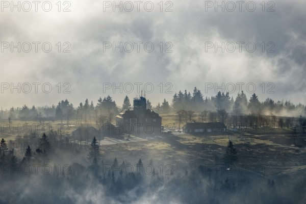 Aerial view, clouds over the Kahler Asten, Astenturm and hotel-restaurant, second highest mountain in North Rhine-Westphalia, Kahler Asten, 842 m high mountain with heathland as well as observation tower and restaurant on the summit, Winterberg, Sauerland, North Rhine-Westphalia, Germany