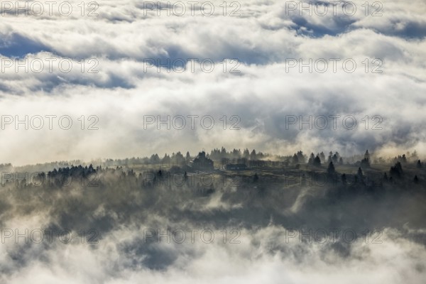 Aerial view, clouds over the Kahler Asten, Astenturm and hotel-restaurant, second highest mountain in North Rhine-Westphalia, Kahler Asten, 842 m high mountain with heathland as well as observation tower and restaurant on the summit, Winterberg, Sauerland, North Rhine-Westphalia, Germany