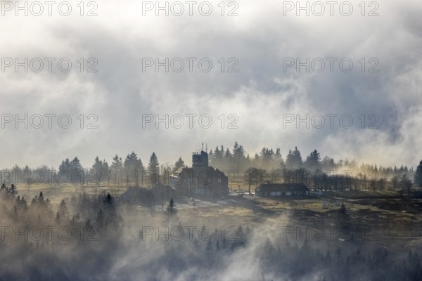 Aerial view, clouds over the Kahler Asten, Astenturm and hotel-restaurant, second highest mountain in North Rhine-Westphalia, Kahler Asten, 842 m high mountain with heathland as well as observation tower and restaurant on the summit, Winterberg, Sauerland, North Rhine-Westphalia, Germany