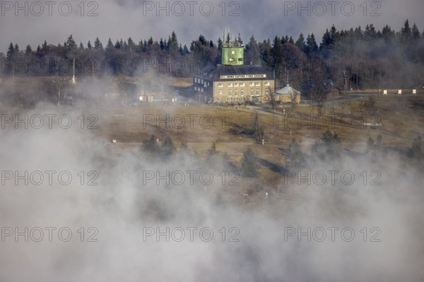Aerial view, clouds over the Kahler Asten, Astenturm and hotel-restaurant, second highest mountain in North Rhine-Westphalia, Kahler Asten, 842 m high mountain with heathland as well as observation tower and restaurant on the summit, Winterberg, Sauerland, North Rhine-Westphalia, Germany