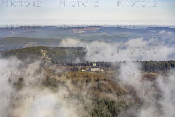 Aerial view, clouds over the Kahler Asten, Astenturm and hotel-restaurant, second highest mountain in North Rhine-Westphalia, Kahler Asten, 842 m high mountain with heathland as well as observation tower and restaurant on the summit, Winterberg, Sauerland, North Rhine-Westphalia, Germany