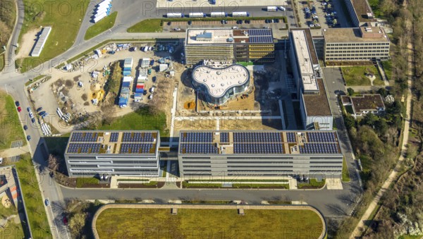 Aerial photograph, ALDI SOUTH Group, expansion stages, new building, Styrum, Mülheim an der Ruhr, Ruhr area, North Rhine-Westphalia, Germany, Mülheim, an, der, Ruhr, DE, Europe, birds-eyes, view, aerial photograph, aerial photography, aerial photography, overview, overview, bird's eye view, industry, trade, economy, commercial enterprise, production, trade