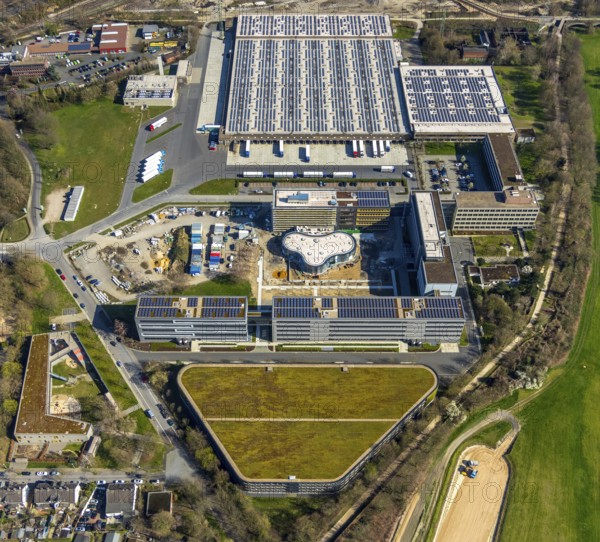 Aerial photograph, ALDI SOUTH Group, expansion stages, new building, Styrum, Mülheim an der Ruhr, Ruhr area, North Rhine-Westphalia, Germany, Mülheim, an, der, Ruhr, DE, Europe, birds-eyes, view, aerial photograph, aerial photography, aerial photography, overview, overview, bird's eye view, industry, trade, economy, commercial enterprise, production, trade