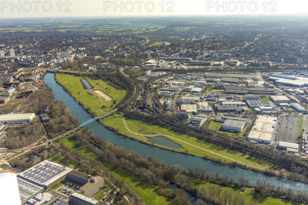 Aerial view, industrial area Broich Castle and Gerwegegebiet Hafen Nord, Linksruhr, Mülheim an der Ruhr, Ruhr area, North Rhine-Westphalia, Germany, Mülheim, an, der, Ruhr, DE, Europe, birds-eyes, view, aerial photography, aerial photography, overview, overview, bird's eye view, water, waterways, shipping traffic, transport, logistics, goods, trade, infrastructure, river, waterway, goods movement, ships, waters, industry, trade, economy, commercial enterprise, production, industrial area, manufacturing