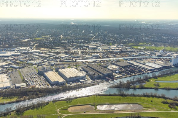Aerial view, industrial area Broich Castle and Gerwegegebiet Hafen Nord, Linksruhr, Mülheim an der Ruhr, Ruhr area, North Rhine-Westphalia, Germany, Mülheim, an, der, Ruhr, DE, Europe, birds-eyes, view, aerial photography, aerial photography, overview, overview, bird's eye view, water, waterways, shipping traffic, transport, logistics, goods, trade, infrastructure, river, waterway, goods movement, ships, waters, industry, trade, economy, commercial enterprise, production, industrial area, manufacturing