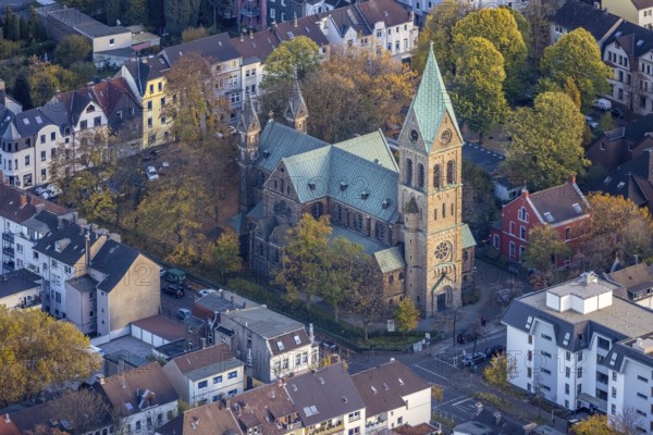 Aerial view, Herz Jesu Kirche, Broich, Mülheim an der Ruhr, Ruhr area, North Rhine-Westphalia, Germany, place of worship, DE, Europe, religious community, place of worship, holy place, church, parish, denomination, aerial view, aerial photography, aerial photography, religion, religious site, overview, Ulmenallee, bird's-eye view, birds-eyes view, overview