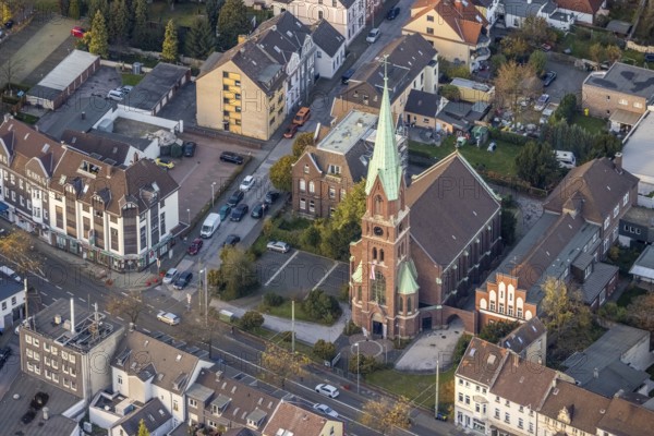 Aerial view, Lutheran Church, Speldorf, Mülheim an der Ruhr, Ruhr area, North Rhine-Westphalia, Germany, place of worship, DE, Duisburger Straße, Europe, Protestant Centre for the Elderly Oedt Kindergarten, faith community, place of worship, holy place, kindergarten, day care centre, day care centre, church, church community, day care centre, denomination, aerial view, aerial photography, aerial photography, religion, religious site, overview, bird's-eye view, overview