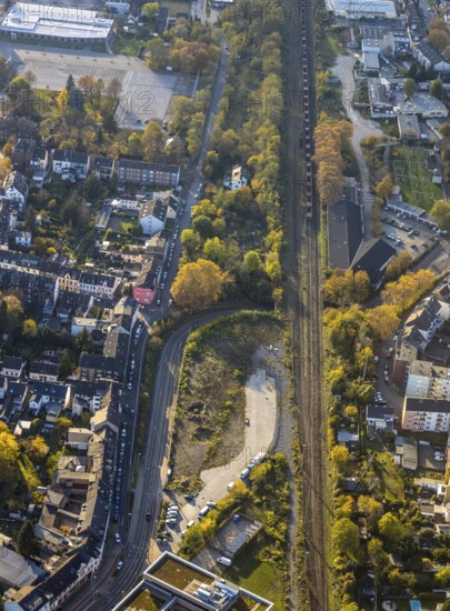 Aerial view, forest area construction site next to the Ruhr West University of Applied Sciences, Duisburger Straße, Broich, Mülheim an der Ruhr, Ruhr area, North Rhine-Westphalia, Germany, railway tracks, construction area, building site, building plots, construction site, DE, Europe, aerial view, aerial photography, aerial photography, overview, bird's-eye view, overview