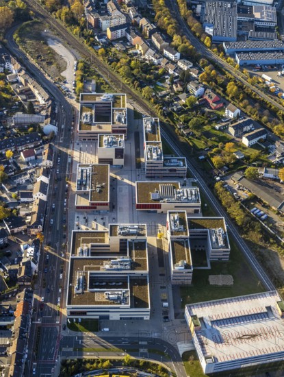 Aerial photo, Hochschule Ruhr West, cycle highway, Broich, Mülheim an der Ruhr, Ruhr area, North Rhine-Westphalia, Germany, education, educational institution, campus, DE, Duisburger Straße, Europe, university of applied sciences, university, teaching institute, aerial photo, aerial photography, aerial photography, RS1, cycle path, school, overview, bird's-eye view, overview