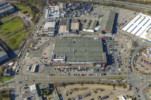 Aerial photo, Mediamarkt, commercial area, Dümpten, Mülheim an der Ruhr, Ruhr area, North Rhine-Westphalia, Germany, Mülheim, an, der, Ruhr, DE, Europe, birds-eyes, view, aerial photography, aerial photography, aerial photography, overview, overview, bird's eye view, industry, trade, economy, commercial enterprise, production, trade, wholesale, foodstuffs