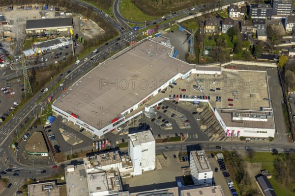 Aerial photo, real, commercial, area, Dümpten, Mülheim an der Ruhr, Ruhr area, North Rhine-Westphalia, Germany, Mülheim, an, der, Ruhr, DE, Europe, birds-eyes, view, aerial photograph, aerial photography, aerial photography, overview, overview, bird's eye view, industry, trade, economy, commercial enterprise, production, trade, retail, food, shopping, shopping, goods, consumption, vegetables, meat