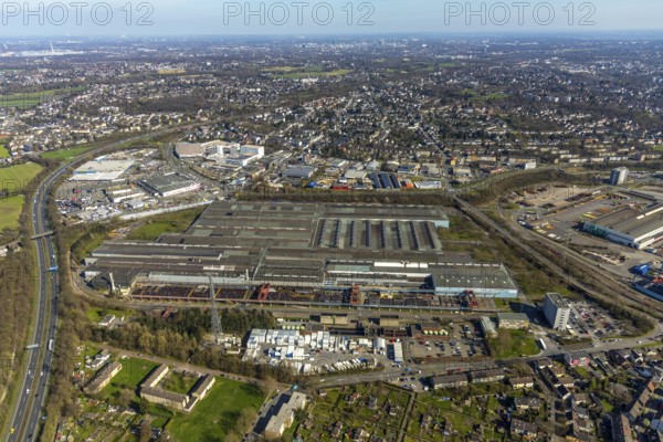 Aerial view, Vallourec Deutschland Kontiwalzwerk, Mediamarkt, Real, Metro, Gewerbegebiet, Industriebegiet, Dümpten, Mülheim an der Ruhr, Ruhr Area, North Rhine-Westphalia, Deutschland, Mülheim, an, der, Ruhr, DE, Europa, birds-eyes, view, Luftaufnahme, Luftbildfotografie, Luftfotografie, overview, Übersicht, Vogelperspektive, industry, business, economy, commercial enterprise, production, trade, industrial area, manufacturing, electronics, electrical appliances, household appliances, consumer electronics, retail, food, shopping, shopping, goods, consumption, vegetables, meat, wholesale, metal processing, metalworking, workplaces