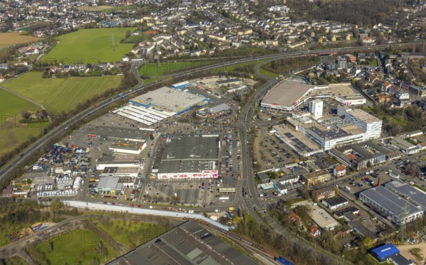 Aerial photo, Mediamarkt, Real, Metro, commercial area, Dümpten, Mülheim an der Ruhr, Ruhr area, North Rhine-Westphalia, Germany, Mülheim, an, der, Ruhr, DE, Europe, birds-eyes, view, aerial photography, aerial photography, overview, overview, bird's eye view, industry, trade, economy, commercial enterprise, production, trade, electronics, electrical appliances, household appliances, consumer electronics, retail, food, shopping, shopping, goods, consumption, vegetables, meat, wholesale