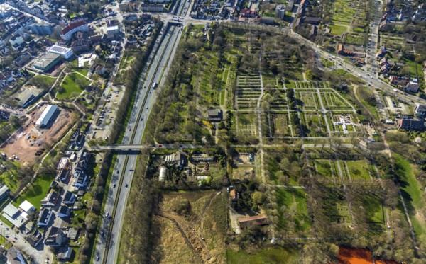 Aerial view, cemetery Styrum, federal road B223, motorway A20, junction AS16 Mülheim-Styrum, Styrum, Mülheim an der Ruhr, Ruhr area, North Rhine-Westphalia, Germany, Mülheim, an, der, Ruhr, DE, Europe, birds-eyes, view, aerial photograph, aerial photography, aerial photography, overview, overview, bird's eye view, funeral, burial, funeral service, farewell, green area, mourning, green area, commemoration, transport, traffic, infrastructure, logistics, road traffic
