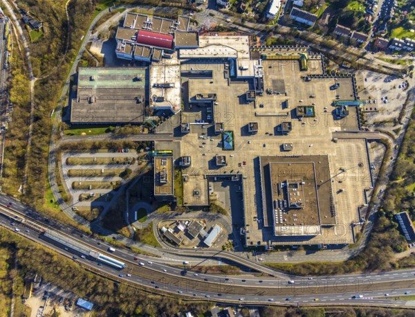 Aerial view, Rhein-Ruhr-Zentrum an der A40, shopping centre on the city border between Essen and Mülheim, Karstadt, Cinemax Mülheim Fulerum, Mülheim an der Ruhr, Ruhr area, North Rhine-Westphalia, Germany, Mülheim, an, der, Ruhr, DE, Europe, birds-eyes, view, aerial photography, aerial photography, overview, bird's eye view, shopping, food, clothing, consumption, consumer, goods, shopping, textiles