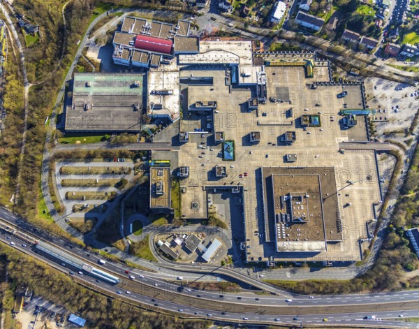 Aerial view, Rhein-Ruhr-Zentrum an der A40, shopping centre on the city border between Essen and Mülheim, Karstadt, Cinemax Mülheim Fulerum, Mülheim an der Ruhr, Ruhr area, North Rhine-Westphalia, Germany, Mülheim, an, der, Ruhr, DE, Europe, birds-eyes, view, aerial photography, aerial photography, overview, bird's eye view, shopping, food, clothing, consumption, consumer, goods, shopping, textiles