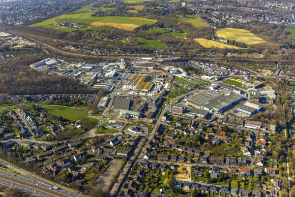 Aerial view, industrial estate Am Förderturm, Fulerum, Mülheim an der Ruhr, Ruhr area, North Rhine-Westphalia, Germany, Mülheim, an, der, Ruhr, DE, Europe, birds-eyes, view, aerial photography, aerial photography, aerial photography, overview, overview, bird's eye view, industry, trade, economy, commercial enterprise, production, trade