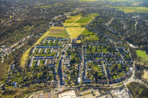 Aerial view, residential area Essen Fulerum, south of the Rhine-Ruhr-Centre, Mülheim, Ruhr area, North Rhine-Westphalia, Germany, Essen, DE, Europe, birds-eyes, view, aerial photography, aerial photography, overview, overview, bird's eye view, living, flat, houses, residential buildings, housing estate, settlement