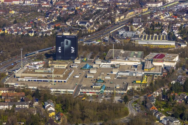 Aerial view, shopping centre Rhein Ruhr Zentrum, Humboldtring, Fulerum, Mülheim an der Ruhr, Ruhr area, North Rhine-Westphalia, Germany, Mülheim, an, der, Ruhr, DE, Europe, birds-eyes, view, aerial photography, aerial photography, overview, overview, bird's eye view, shopping, food, goods, shopping, textiles, consumption