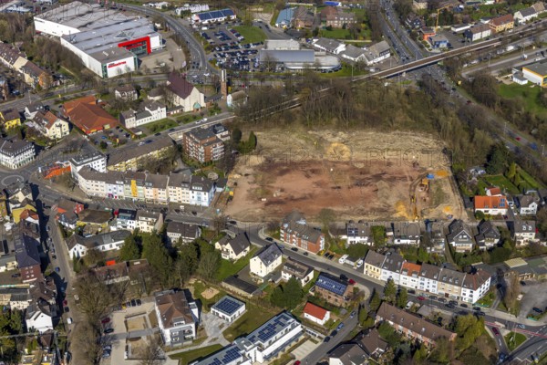 Aerial photo, new construction of residential units, Ehemailger Bolsplatz, football pitch Rudolf-Harbig-Straße, Heißen, Mülheim an der Ruhr, Ruhr area, North Rhine-Westphalia, Germany, Mülheim, an, der, Ruhr, DE, Europe, birds-eyes, view, aerial photograph, aerial photography, aerial photography, overview, overview, bird's eye view, living, flat, houses, residential buildings, housing estate, settlement