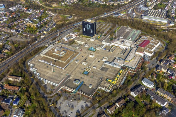 Aerial view, shopping centre Rhein Ruhr Zentrum, Humboldtring, Fulerum, Mülheim an der Ruhr, Ruhr area, North Rhine-Westphalia, Germany, Mülheim, an, der, Ruhr, DE, Europe, birds-eyes, view, aerial photography, aerial photography, overview, overview, bird's eye view, shopping, food, goods, shopping, textiles, consumption