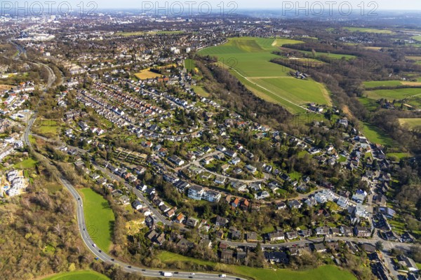 Aerial view, Mülheim-Heißen settlement Mausegatt, historic workers' settlement, colliery settlement, colliery houses, Holthausen, Mülheim an der Ruhr, Ruhr area, North Rhine-Westphalia, Germany, Mülheim, an, der, Ruhr, DE, Europe, birds-eyes, view, aerial photograph, aerial photography, aerial photography, overview, overview, bird's eye view, colliery flats, living, flat, houses, residential buildings, housing estate, settlement