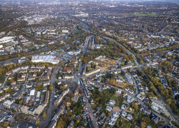 Aerial view, construction site of former football pitch, new construction of detached houses, St. Joseph Church, Heißen - Mitte, Mülheim an der Ruhr, Ruhr area, North Rhine-Westphalia, Germany, place of worship, construction work, construction area, construction site, building plots, construction project, DE, Europe, religious community, place of worship, holy place, Heißen Church, Hingbergstraße, church, parish, denomination, aerial view, aerial photography, aerial photography, new building, religion, religious site, overview, bird's-eye view, bird's-eye view, overview