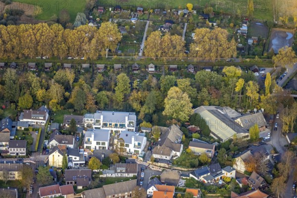 Aerial view, new development area Otto-Pankok-Straße, Saarn, Mülheim an der Ruhr, Ruhr area, North Rhine-Westphalia, Germany, construction work, construction area, construction site, building plots, construction project, construction site, DE, Europe, property tax, real estate, aerial photograph, aerial photography, aerial photography, new construction, overview, bird's eye view, residential complex, living and living, residential area, residential buildings, residential quality, residential neighbourhood, housing estate, birds-eyes view, overview