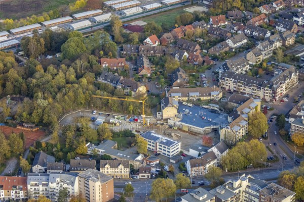 Aerial view, construction site new building Düsseldorfer Straße, Zur Alten Mühle, Saarn, Mülheim an der Ruhr, Ruhr area, North Rhine-Westphalia, Germany, construction work, construction area, construction site, building plots, construction project, construction site, DE, Europe, aerial view, aerial photography, aerial photography, new building, photovoltaic, photovoltaic system, solar, solar system, solar energy, solar energy, overview, bird's-eye view, bird's-eye view, overview