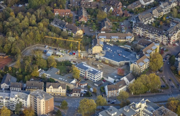 Aerial view, construction site new building Düsseldorfer Straße, Zur Alten Mühle, Saarn, Mülheim an der Ruhr, Ruhr area, North Rhine-Westphalia, Germany, construction work, construction area, construction site, building plots, construction project, construction site, DE, Europe, aerial view, aerial photography, aerial photography, new building, photovoltaic, photovoltaic system, solar, solar system, solar energy, solar energy, overview, bird's-eye view, bird's-eye view, overview