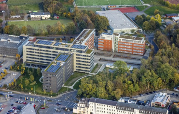 Aerial view, ALDI International Services company campus, Saarn, Mülheim an der Ruhr, Ruhr area, North Rhine-Westphalia, Germany, Aldi Süd, DE, Europe, commercial enterprises, commercial space, commercial area, commercial location, commercial use, industrial area, industrial building, industrial location, aerial view, aerial photography, aerial photography, Mintarder Straße, photovoltaic, photovoltaic system, solar, solar system, solar energy, solar energy, overview, bird's-eye view, birds-eyes view, overview